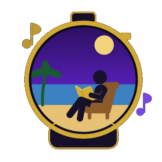 Ilustración de una persona leyendo un libro en la playa, enmarcada en el lente de una cámara, con notas musicales alrededor